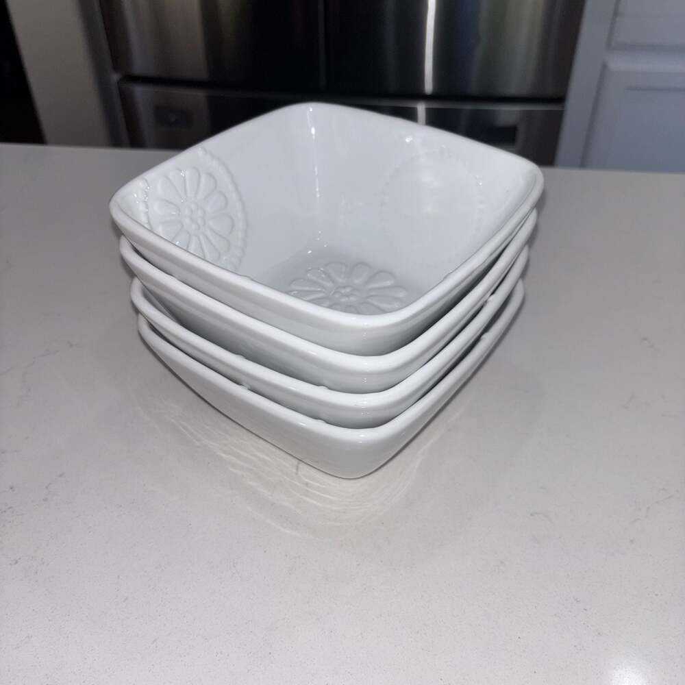Princess House Marissa White Porcelain Square Cereal/Soup Bowls Set of 4